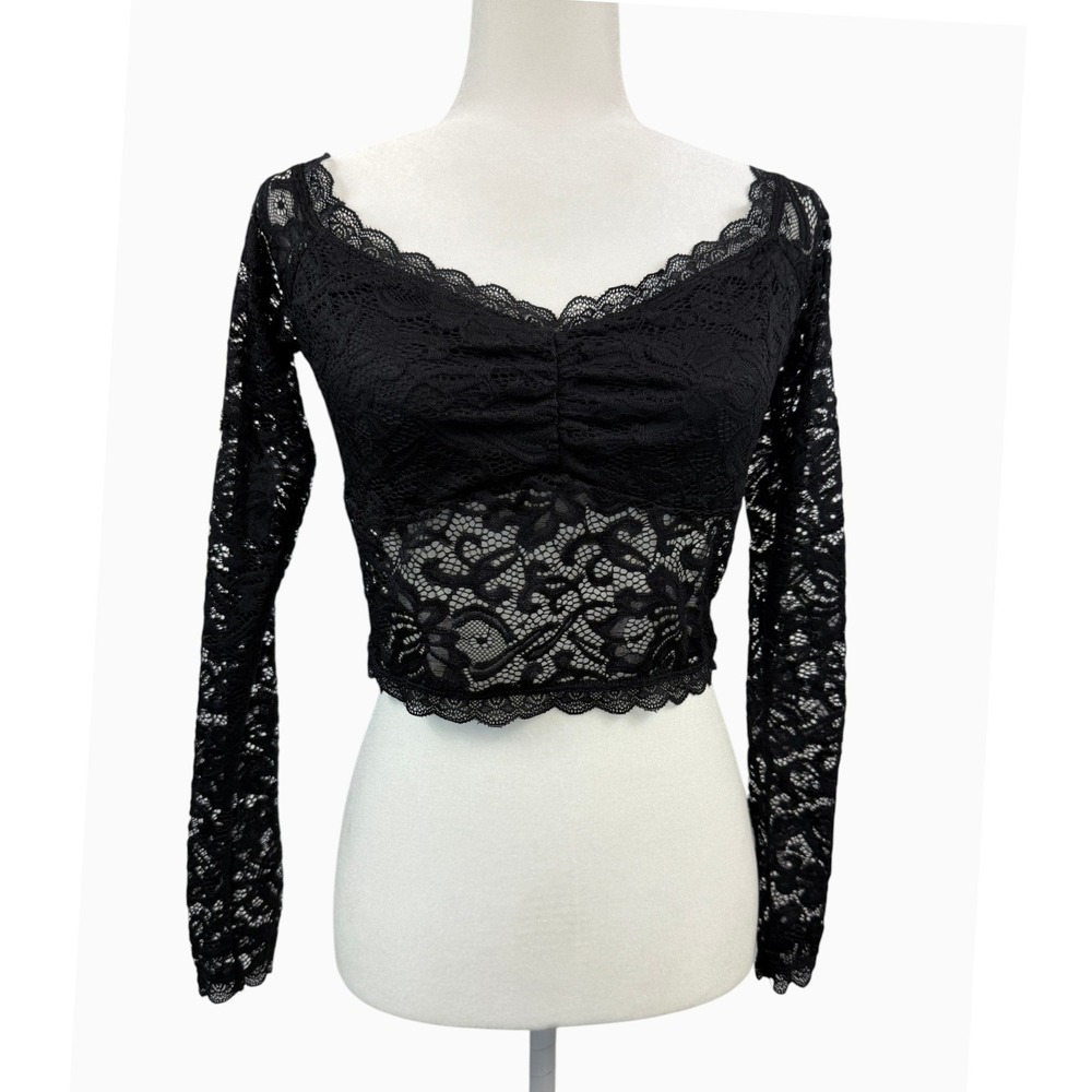 Black Floral Lace Long Sleeve Crop Top Women's Small Sheer Romantic Goth